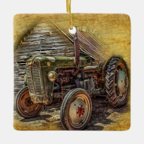 Vintage Farm Tractor Old Barn Shed Ceramic Ornament