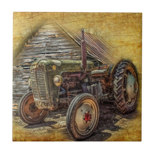 Vintage Farm Tractor Old Barn Shed Ceramic Tile