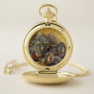 Vintage Farm Tractor Old Barn Shed Pocket Watch
