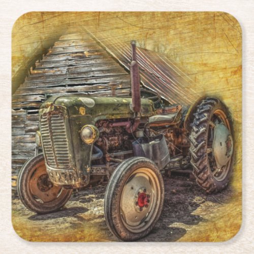 Vintage Farm Tractor Old Barn Shed Square Paper Coaster