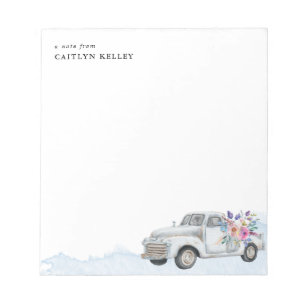 Vintage Farm Truck and Flowers, Blue Personalized Notepad