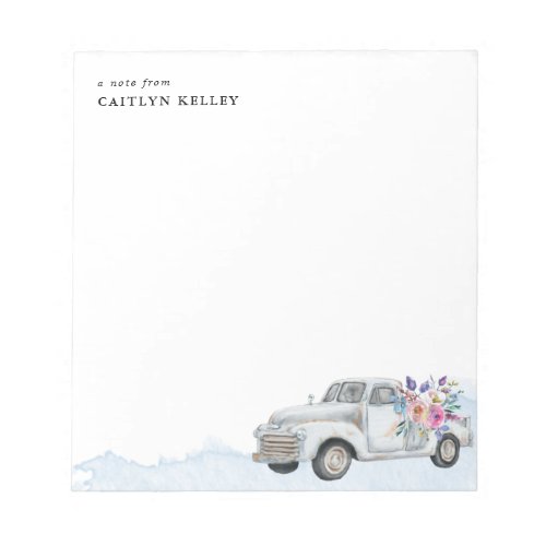 Vintage Farm Truck and Flowers Blue Personalized Notepad