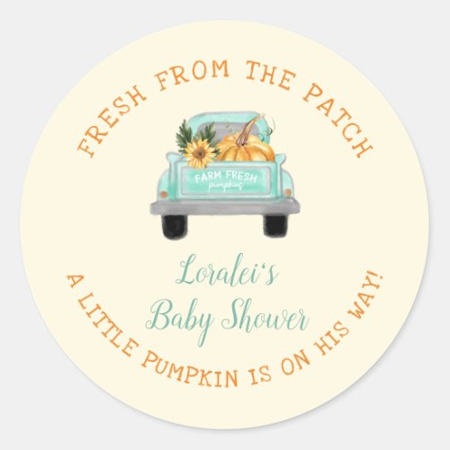 Vintage Farm Truck Pumpkin On Way Fall Baby Shower Classic Round Sticker