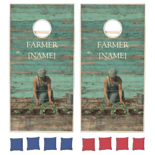 Vintage Farmer Retirement Tribute Turquoise Wood C Cornhole Set