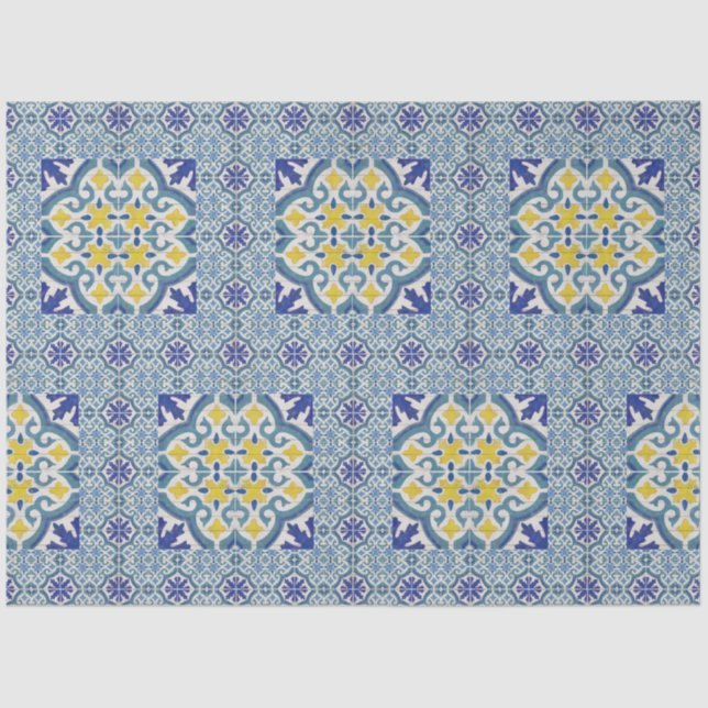 Vintage Farmhouse Blue White Yellow Decoupage Tissue Paper (Front)