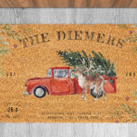 Vintage Farmhouse Christmas | Family Name Fiber Doormat<br><div class="desc">Create a warm and welcoming entrance to your home this holiday season with our Vintage Farmhouse Christmas Family Name Doormat. Featuring a charming red vintage truck carrying a Christmas tree, this customizable doormat is the perfect blend of rustic charm and festive cheer. Add your family name and establish date to...</div>