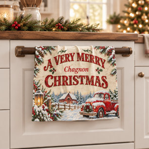 Vintage Farmhouse Christmas RedTruck Kitchen Towel