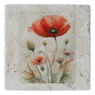 Vintage Farmhouse Decor Red Poppy Garden Flower Trivet