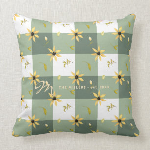 Vintage farmhouse floral sage green buffalo check throw pillow