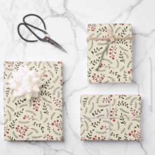 Vintage Farmhouse green red cream foliage rustic Wrapping Paper Sheets