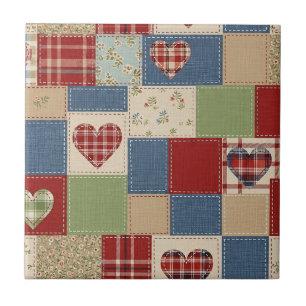 Vintage Farmhouse Heart Quilt Patchwork Print Ceramic Tile
