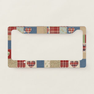 Vintage Farmhouse Heart Quilt Patchwork Print License Plate Frame