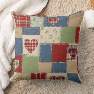 Vintage Farmhouse Heart Quilt Patchwork Print Throw Pillow