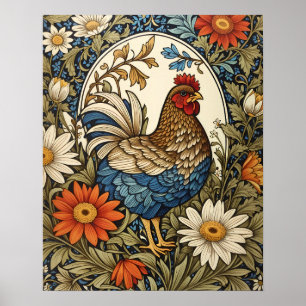 Vintage Farmhouse Hen and Daisy Flowers Poster