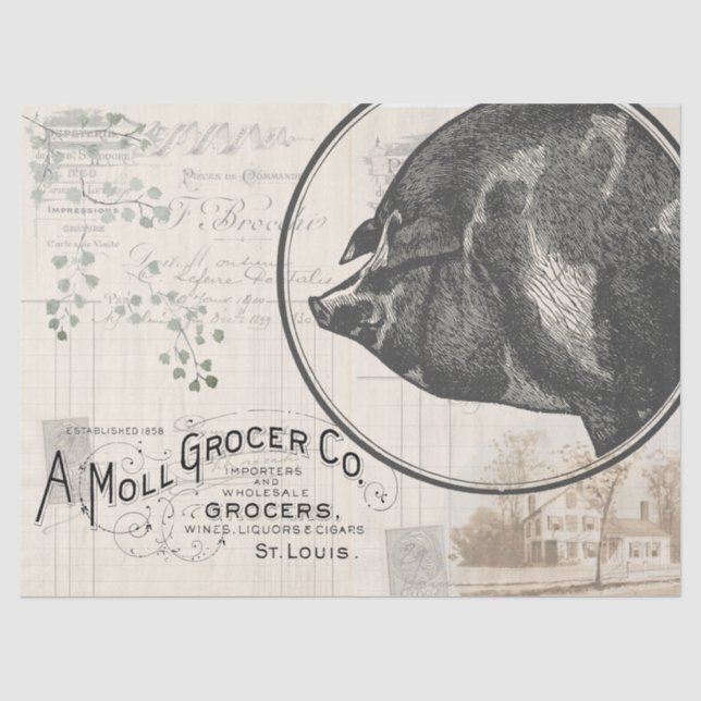 Vintage Farmhouse Pig Grocery Decoupage Paper (Front)