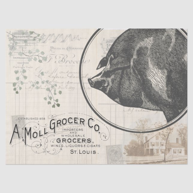 Vintage Farmhouse Pig Grocery Decoupage Paper (Front)
