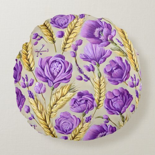 Vintage Farmhouse Purple Flowers Round Pillow