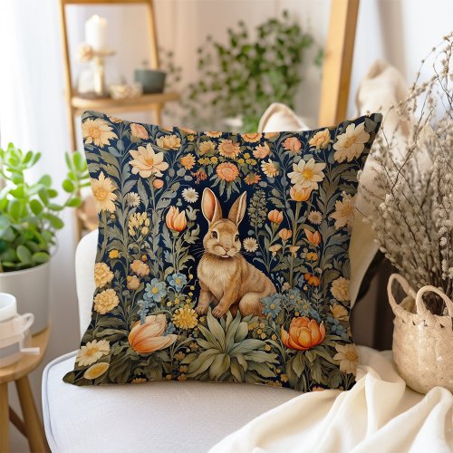 Vintage Farmhouse Rabbit in a Floral Garden Throw Pillow