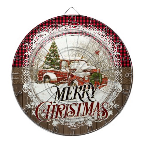 Vintage Farmhouse Red Pickup Truck Merry Christmas Dart Board