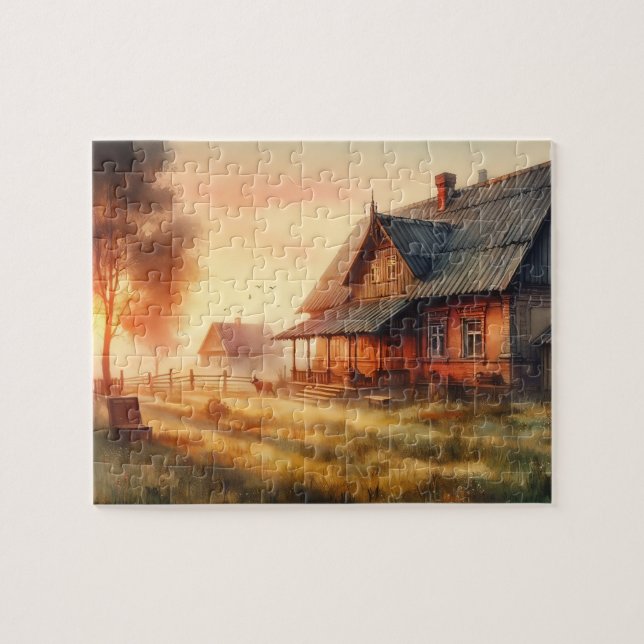 Vintage Farmhouses at Dawn Jigsaw Puzzle (Horizontal)