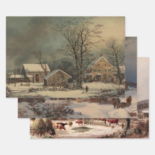 Vintage Farms Winter Decoupage Heavy Weight 3_Set Wrapping Paper Sheets