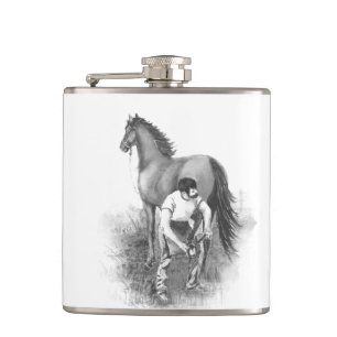 Vintage Farrier Horse Shoeing Black White Art Hip Flask