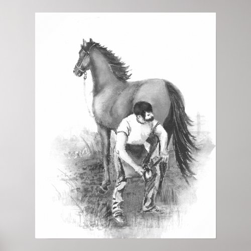Vintage Farrier Horse Shoeing Black White Art Poster