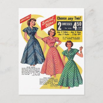 Vintage Fashion 1950s Women's Dresses Postcard by seemonkee at Zazzle