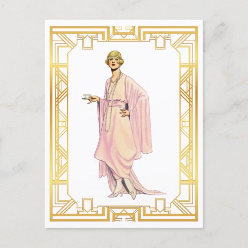 Vintage Fashion Flapper Pink Tea Time Dress Postcard