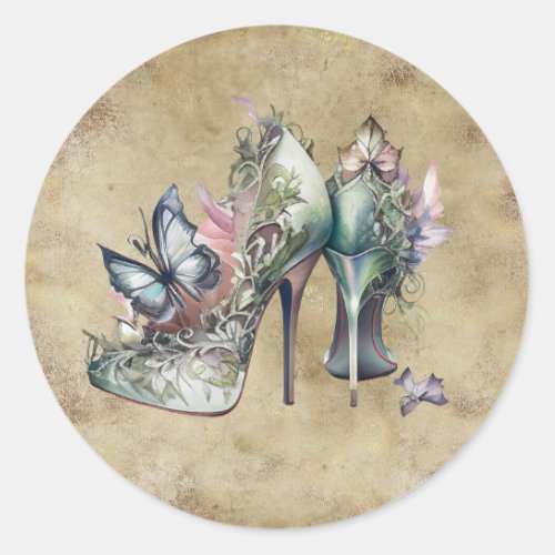 Vintage Fashion High Heels with Floral Butterfly Classic Round Sticker