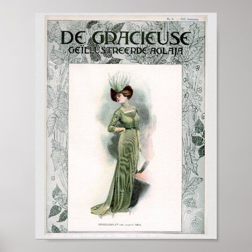 Vintage Fashion Illustration Elite Lady Green Gown Poster