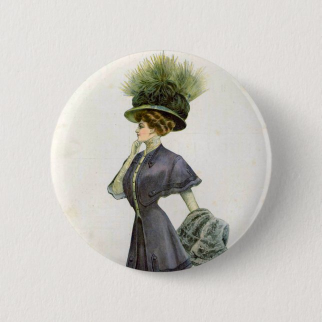  Vintage Fashion Illustration Lady Botanical Hat  Button (Front)