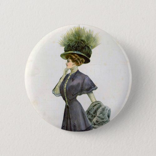  Vintage Fashion Illustration Lady Botanical Hat  Button