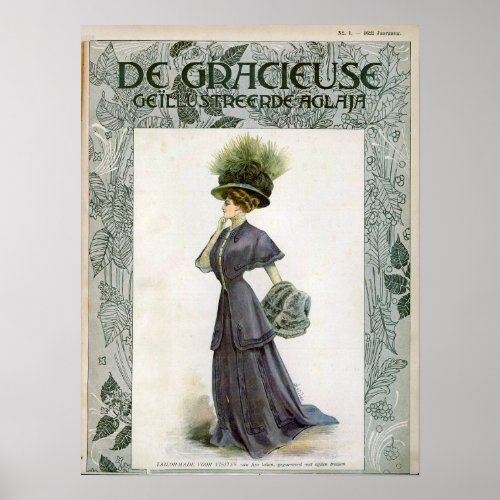  Vintage Fashion Illustration Lady Botanical Hat Poster