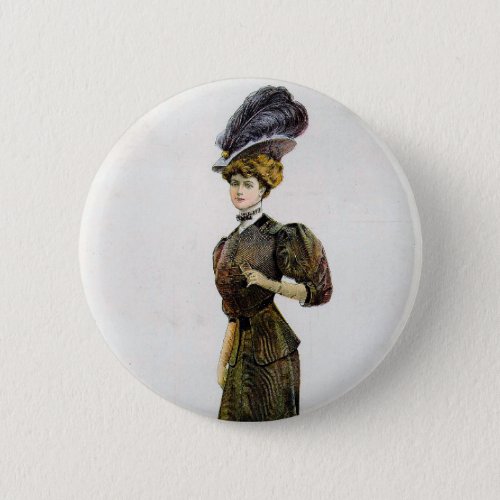 Vintage Fashion Illustration Lady Feather Boa Hat  Button