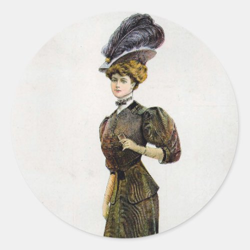 Vintage Fashion Illustration Lady Feather Boa Hat  Classic Round Sticker