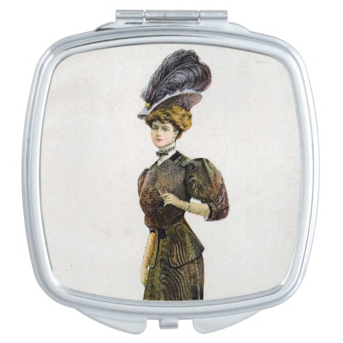 Vintage Fashion Illustration Lady Feather Boa Hat  Compact Mirror