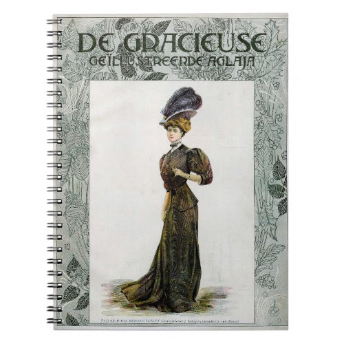 Vintage Fashion Illustration Lady Feather Boa Hat  Notebook