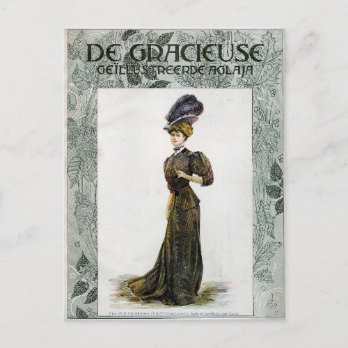 Vintage Fashion Illustration Lady Feather Boa Hat  Postcard