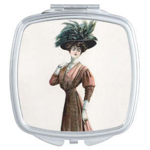 Vintage Fashion Illustration Lady Feather Hat    Compact Mirror