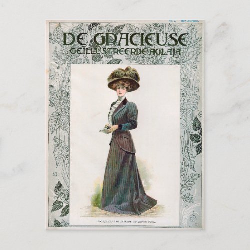 Vintage Fashion Illustration Lady Holding A Book Postcard