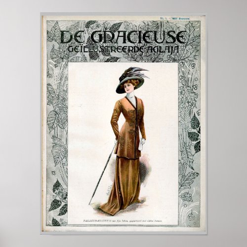 Vintage Fashion Illustration Lady In Feather Hat Poster