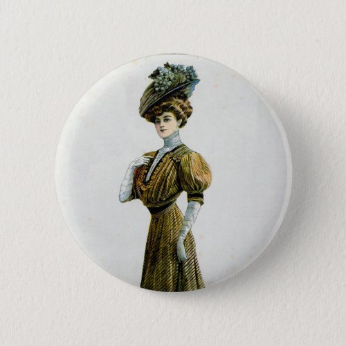 Vintage Fashion Illustration Lady In Grapes Hat  Button
