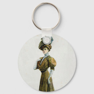 Vintage Fashion Illustration Lady In Grapes Hat Keychain
