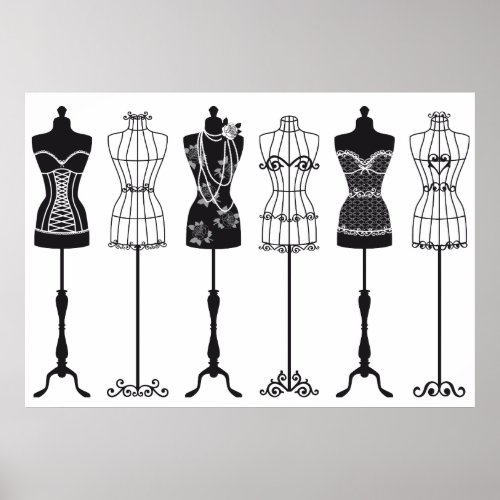 Vintage fashion mannequins silhouettes poster