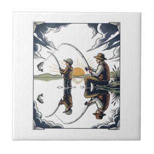 Vintage Father and Child Fishing Engraving Shirt D Ceramic Tile