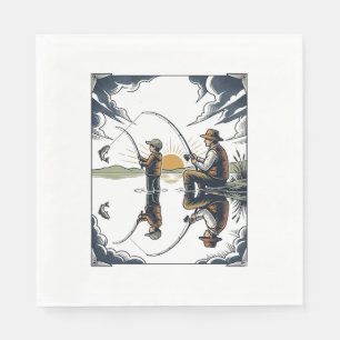 Vintage Father and Child Fishing Engraving Shirt D Napkins