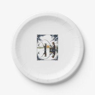 Vintage Father and Child Fishing Engraving Shirt D Paper Plates