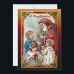 Vintage Father Christmas and Children Holiday Card<br><div class="desc">Beautifully restored Victorian-era holiday illustration featuring Old World Father Christmas giving gifts to children and Merry Christmas greeting framed by an ornate red,  green and gold ornamental gothic style frame and coordinating artisan background. Back features matching frame,  antique paper texture and editable text fields.</div>