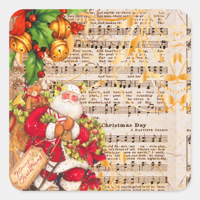 Vintage Father Christmas and Christmas Carols Square Sticker (Front)